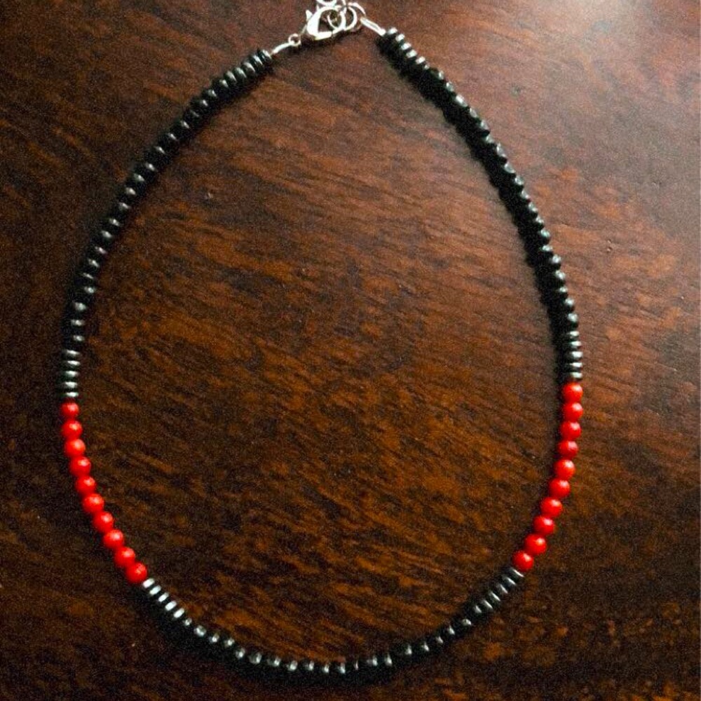 Black, red and silver 14” beaded choker